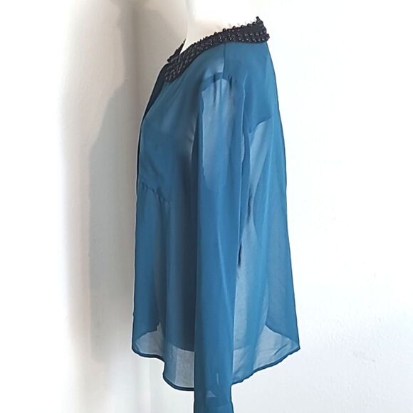 Kensie Sheer Dark Teal Buttondown Blouse with Black Beaded Collar, Size Large - Picture 4 of 9